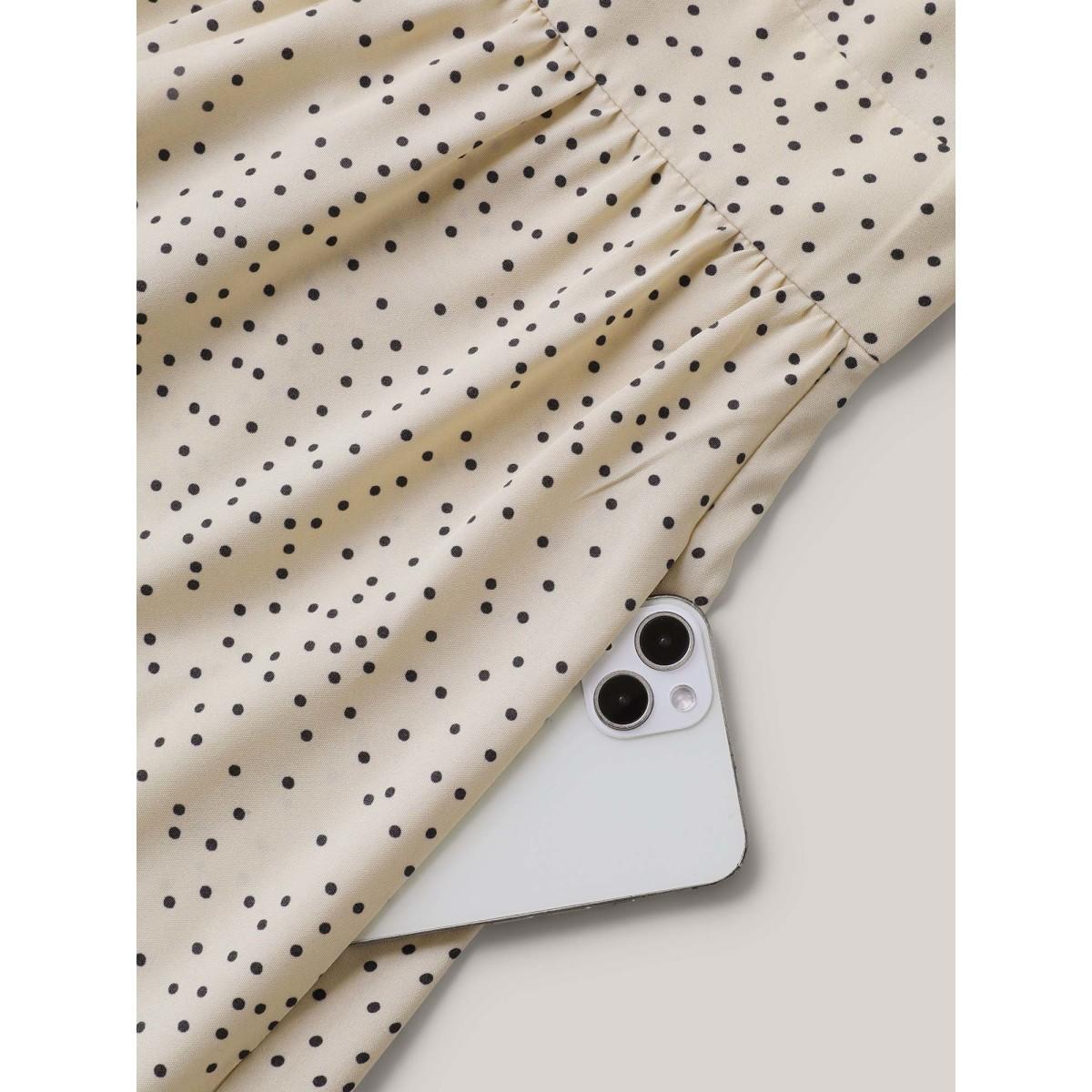 Plus Size Polka Dot Ruffled Bust-Defining Maxi Dress Beige Women At the Office Ruffles V-neck Cap Sleeve Curvy BloomChic 12/L Product Image