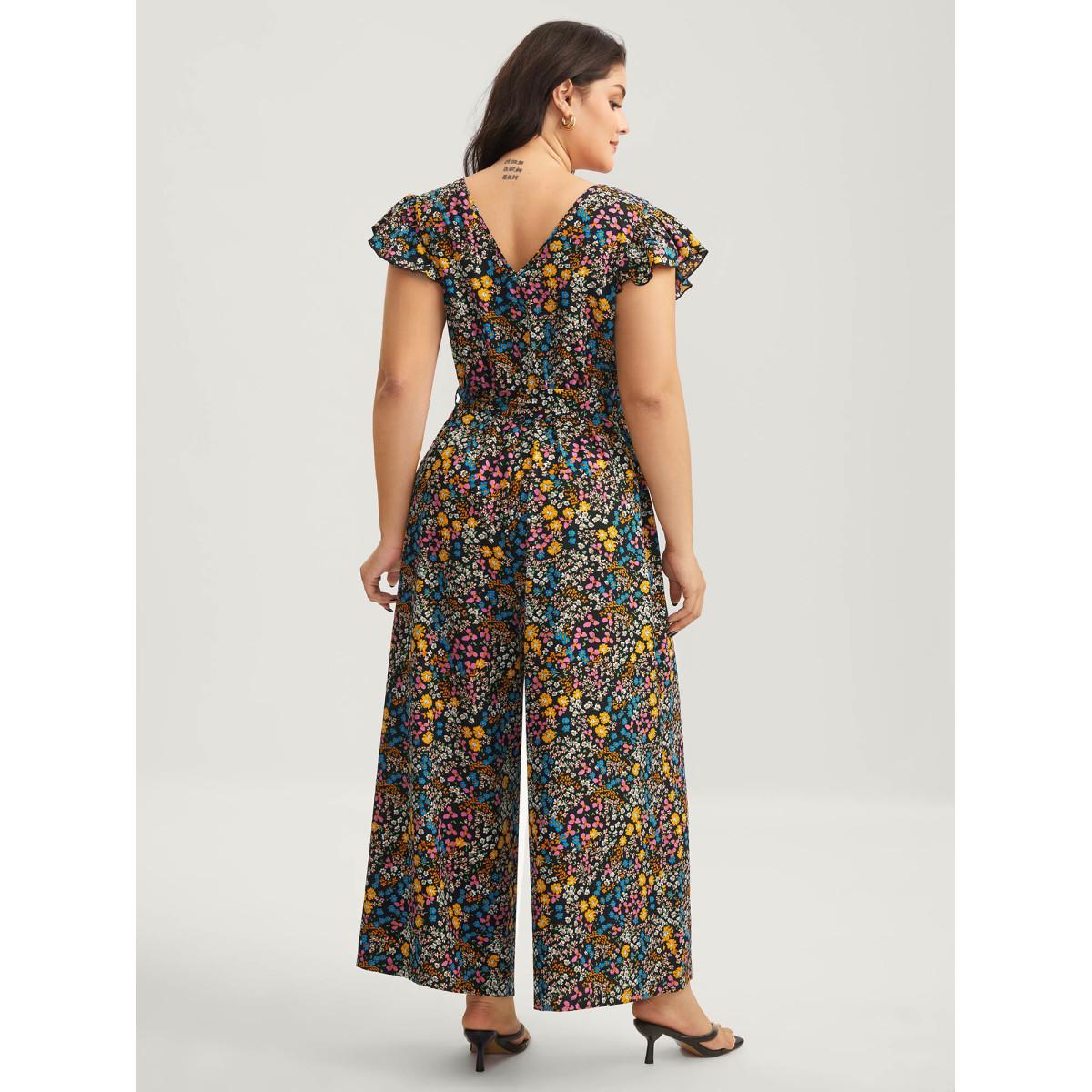 Plus Size Black Floral Print Belted Ruffled Sleeve Jumpsuit Women Timeless Cap Sleeve V-neck Elegant Loose Jumpsuits BloomChic 10/M Product Image