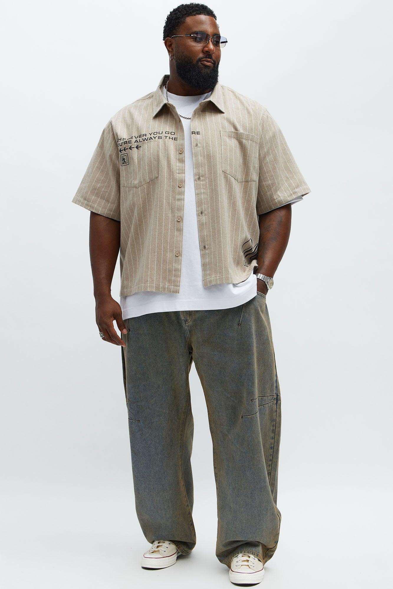 Worldwide Striped Cropped Button Up Shirt - Stone Male Product Image