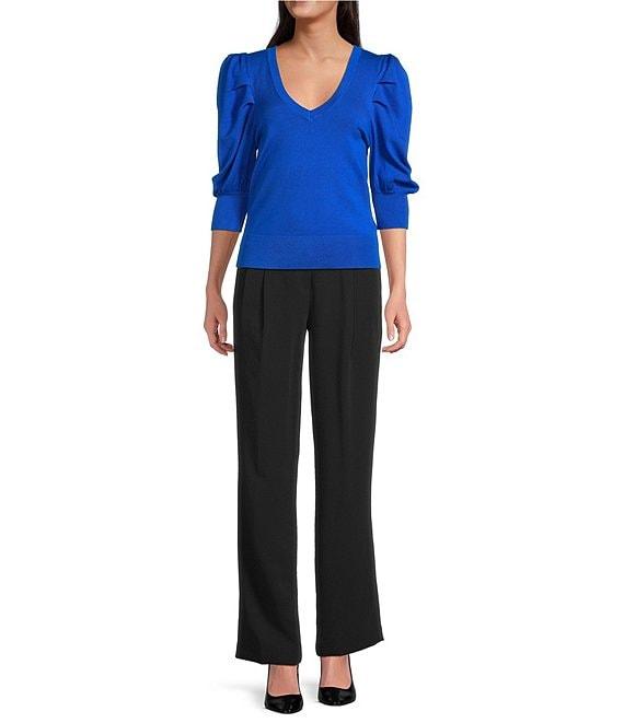 DKNY by Donna Karan Short Pleated Puffed Elbow Sleeve V-Neck Knit Top Product Image