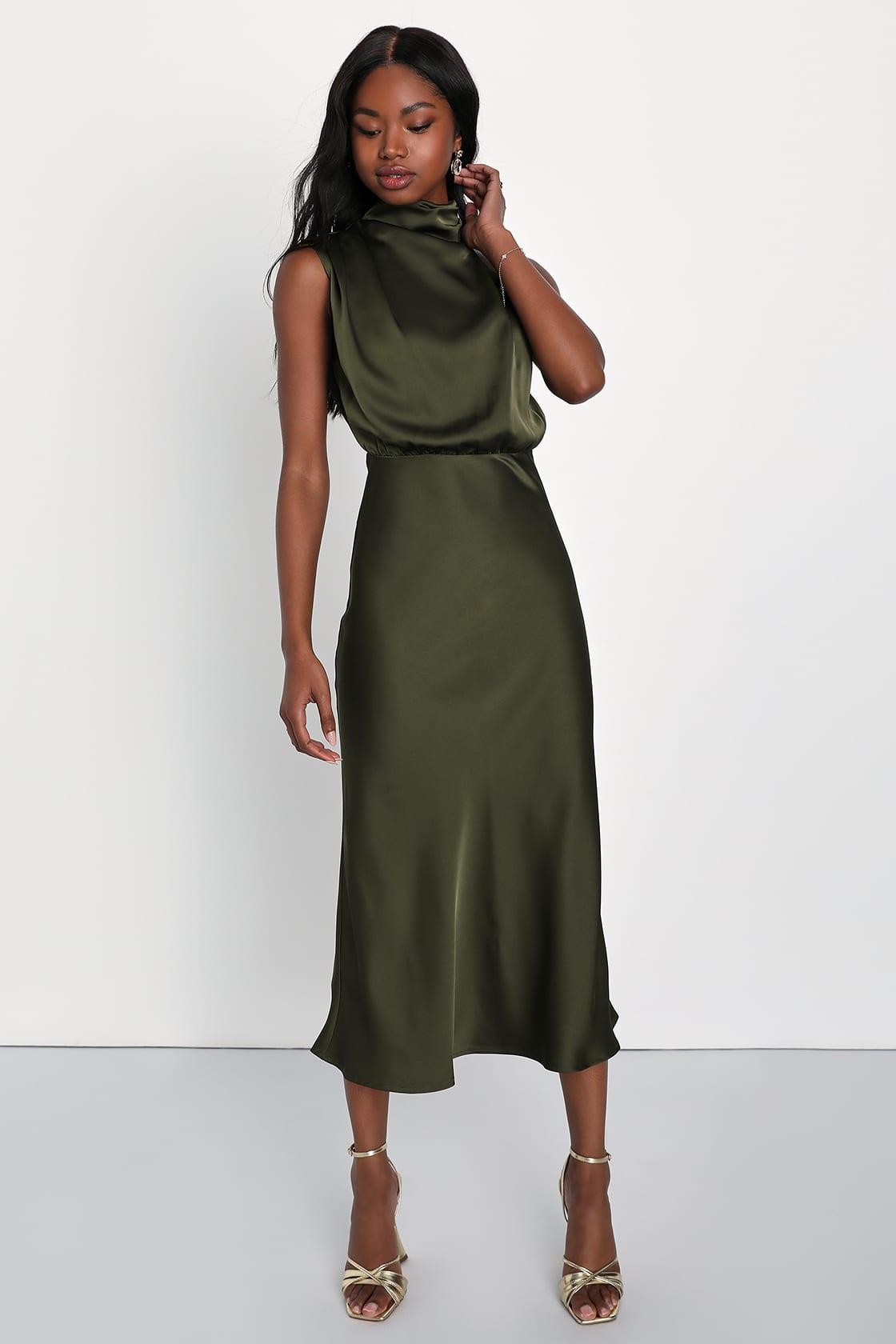 Distinctive Charm Olive Green Satin Asymmetrical Midi Dress Product Image