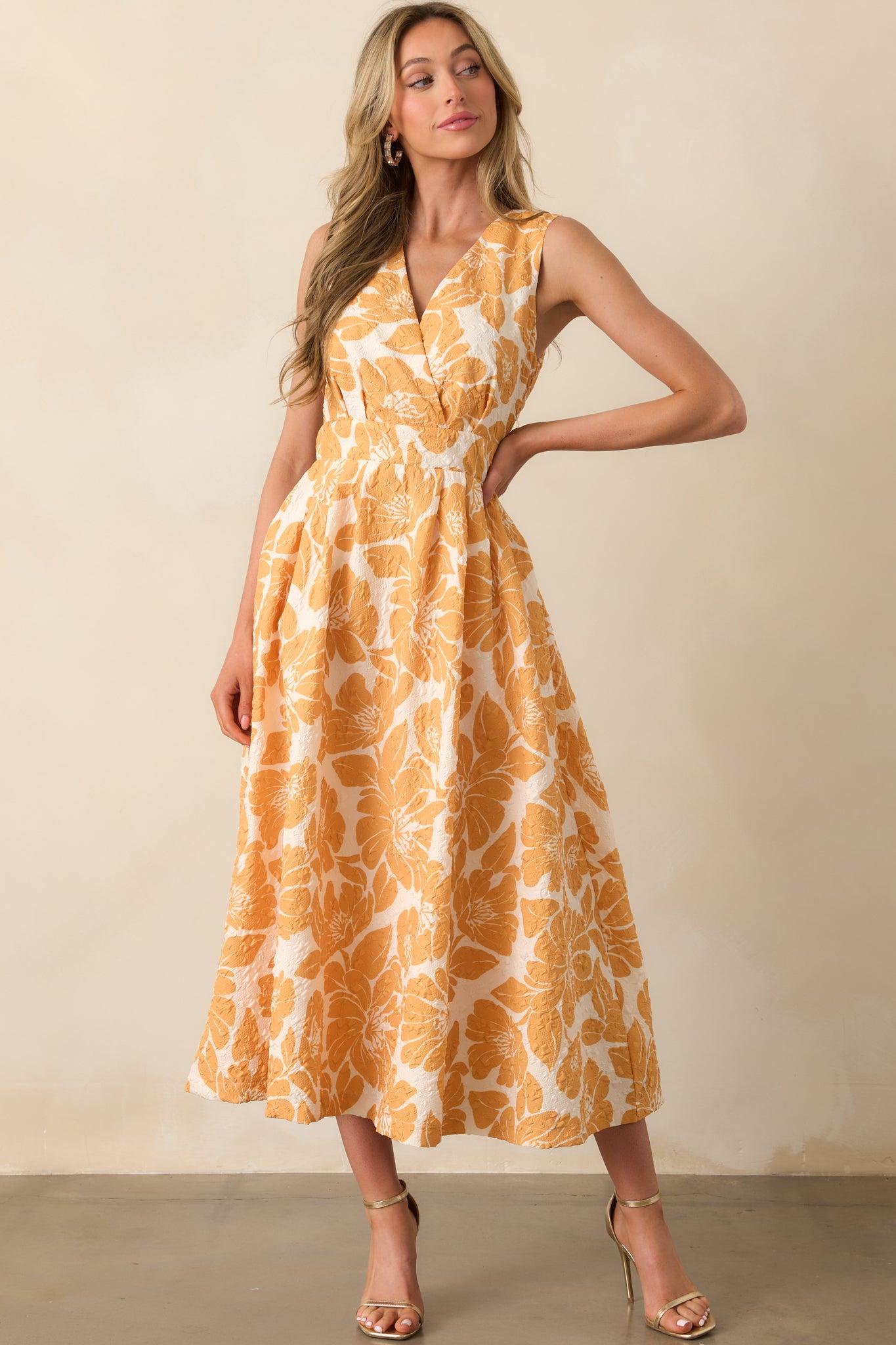 Sunkissed Society Orange Floral Jacquard Midi Dress Product Image