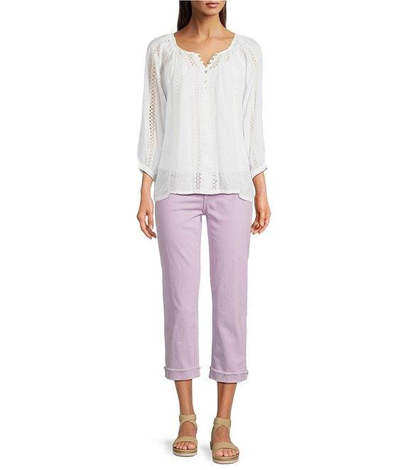 Figueroa & Flower Embriordered Crew Neck 3/4 Bell Sleeve Lace Detail Blouse Product Image