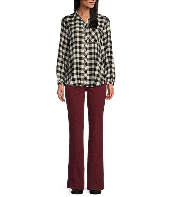 Westbound Buffalo Plaid Long Sleeve Y-Neck Button Front Collared Top Product Image