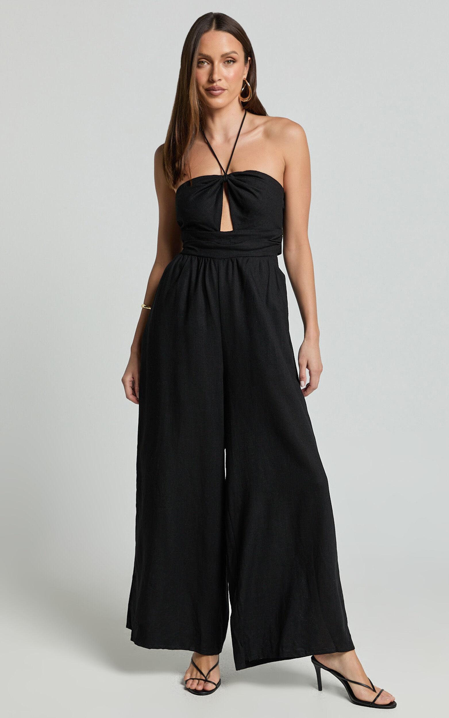Isla Jumpsuit - Linen Halter Neck Jumpsuit in Black Product Image