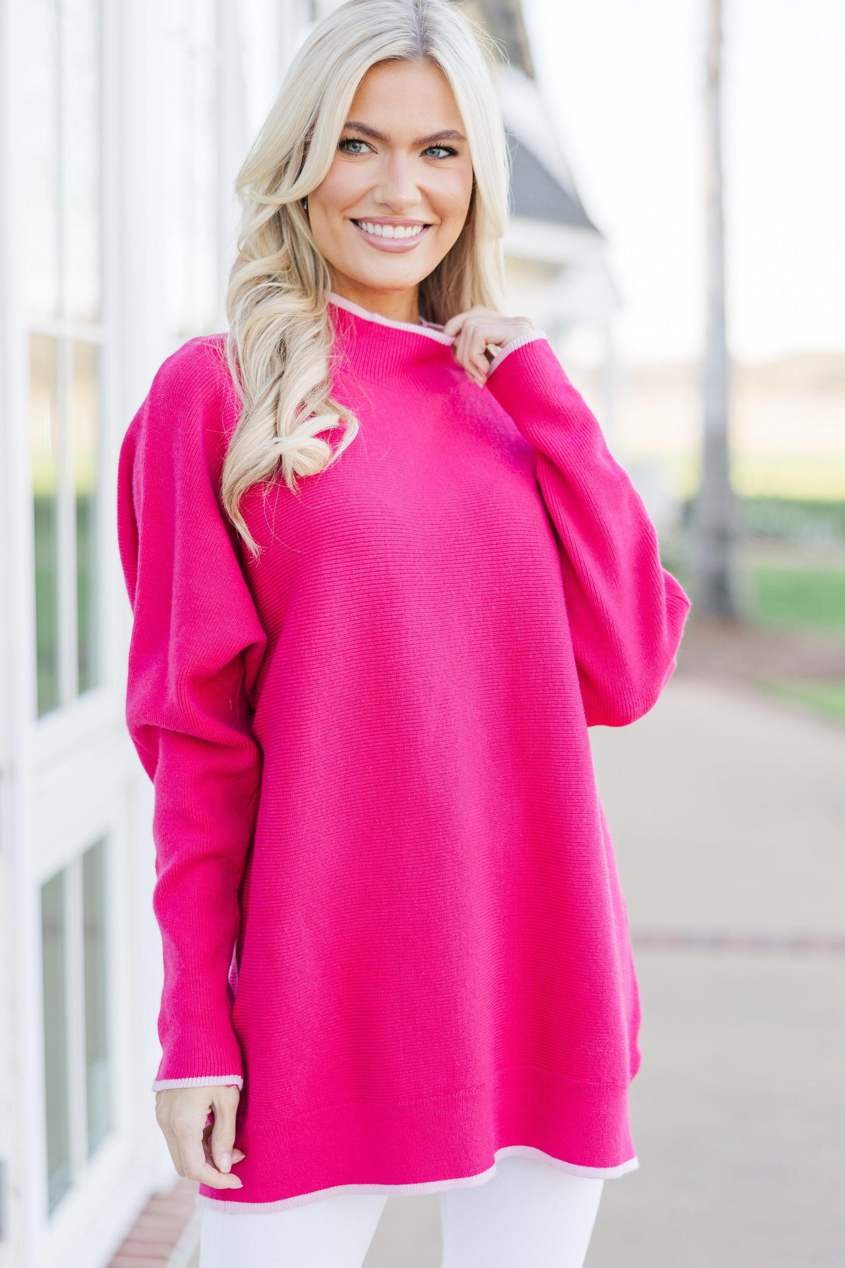 On The Line Hot Pink Mock Neck Sweater Female Product Image