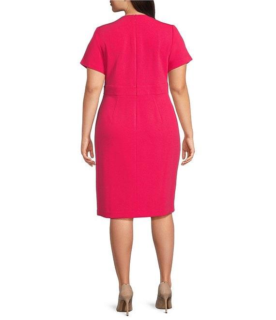 Donna Karan Plus Size Cady Crepe Split V Neck Short Sleeve Sheath Midi Dress Product Image