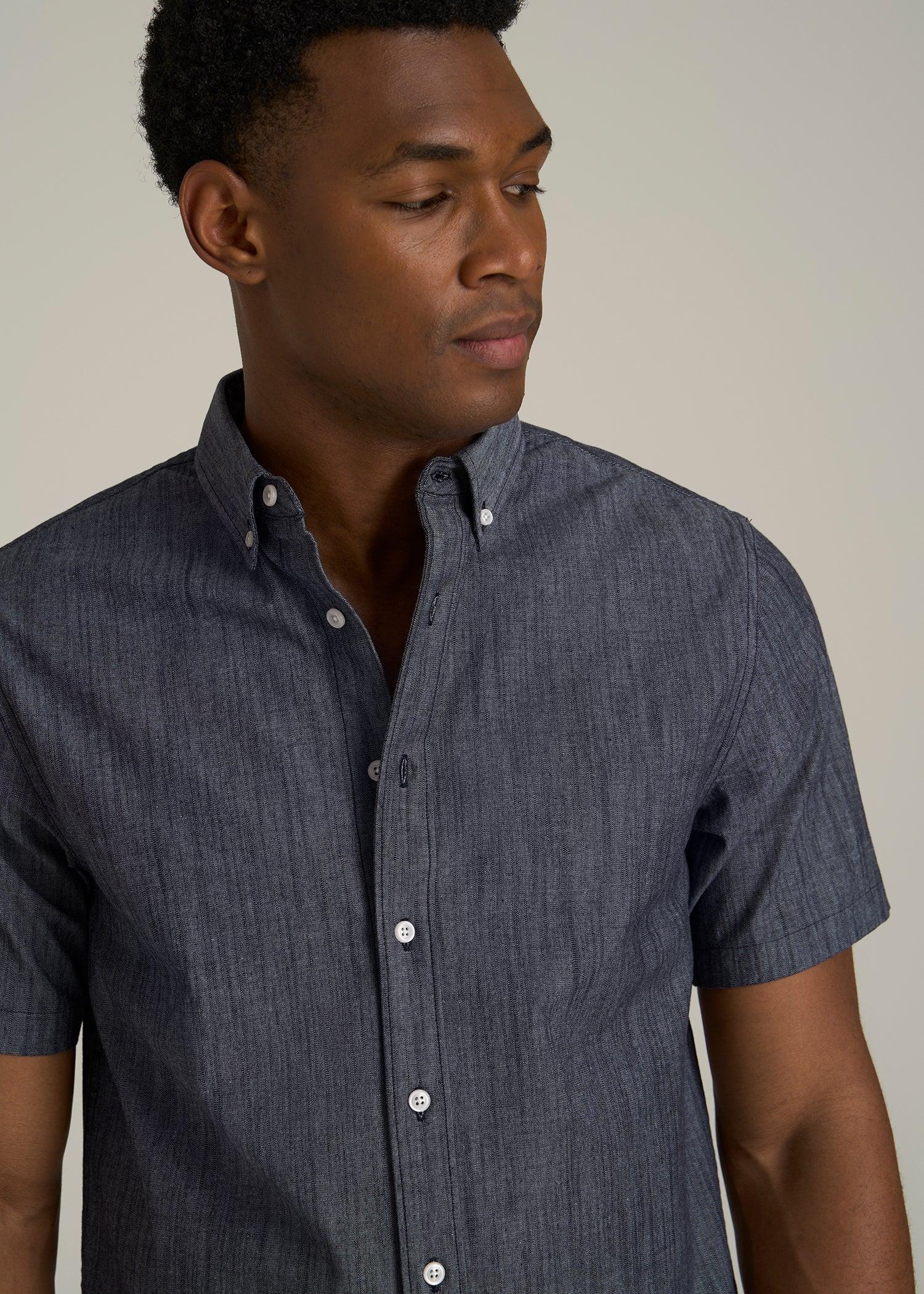 Short Sleeve Stretch Chambray Shirt for Tall Men in Dark Blue Chambray Male Product Image