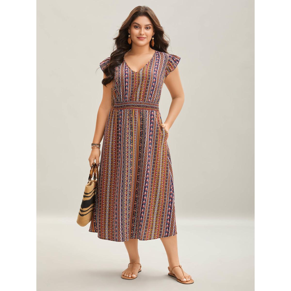 Plus Size Sunny Stripes Pockets Shirred Midi Dress Multicolor Women Boho V-neck Cap Sleeve Curvy BloomChic 18-20/2X Product Image