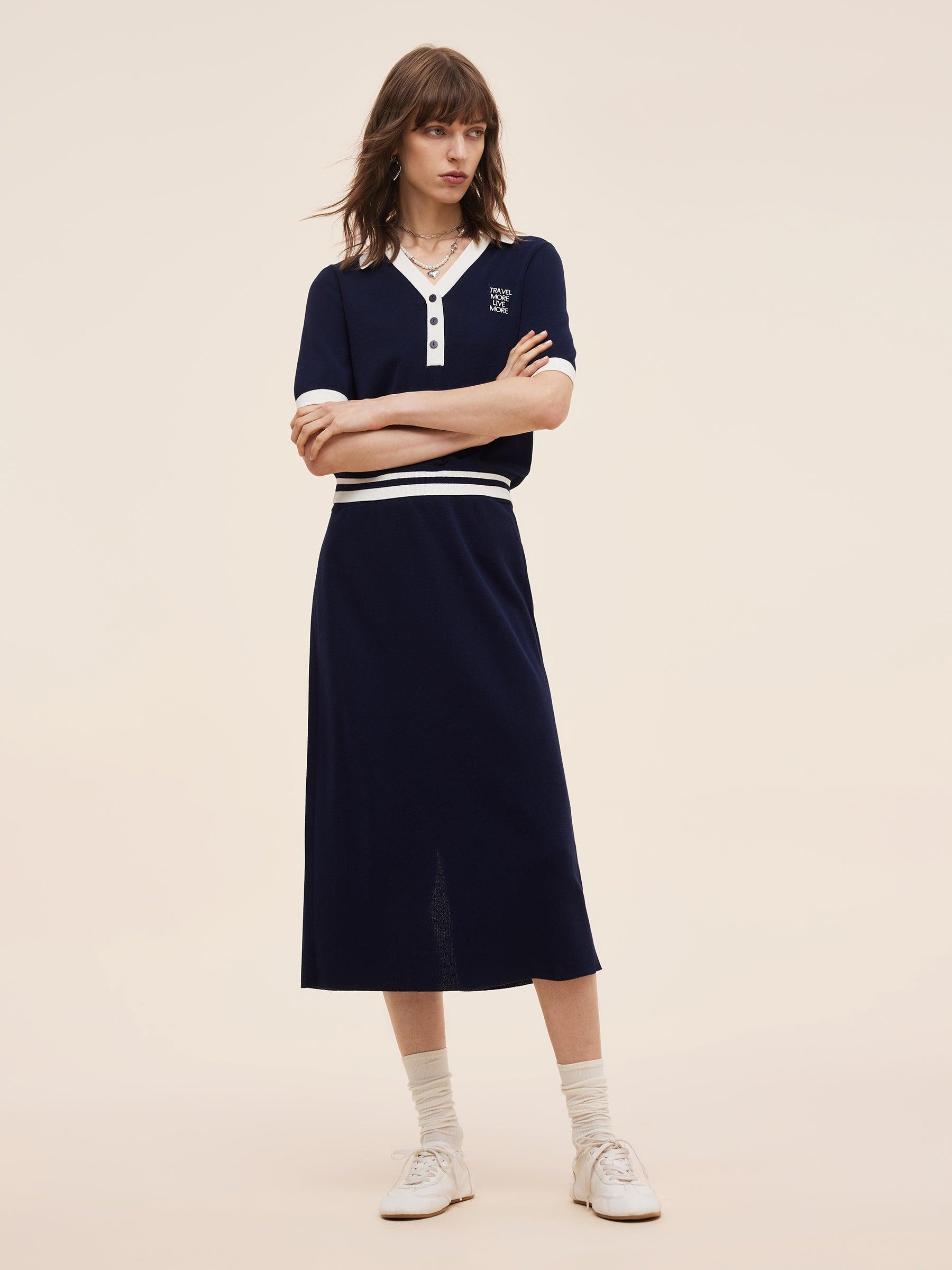 Tencel Blend Contrast Trim Knit Top And Skirt Two-Piece Set Product Image