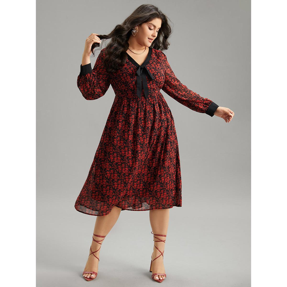 Plus Size Ditsy Floral Patchwork Elastic Waist Ties Dress Black Women Vacation Cross straps Tie Neck Long Sleeve Curvy Midi Dress BloomChic 28/5X Product Image