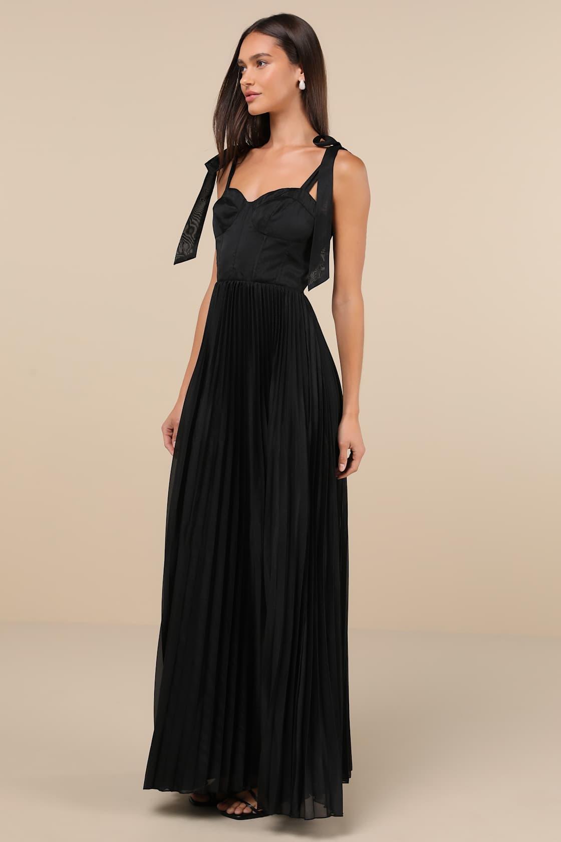Attentive Elegance Black Tie-Strap Bustier Pleated Maxi Dress Product Image