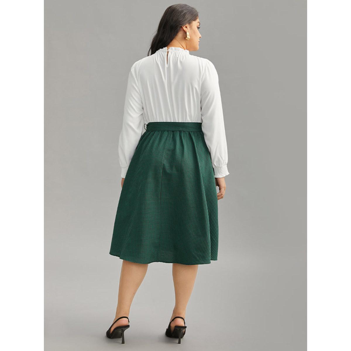 Plus Size Gingham Belted Frill Trim Button Detail Dress DarkGreen Women Elegant Printed Mock Neck Long Sleeve Curvy Midi Dress BloomChic 28/5X Product Image