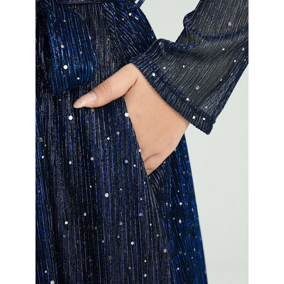 Plus Size Solid Pocket Wrap Belted Sequin Mesh Maxi Dress DarkBlue Women Cocktail Belted V-neck Long Sleeve Curvy Long Dress BloomChic 30/6X Product Image