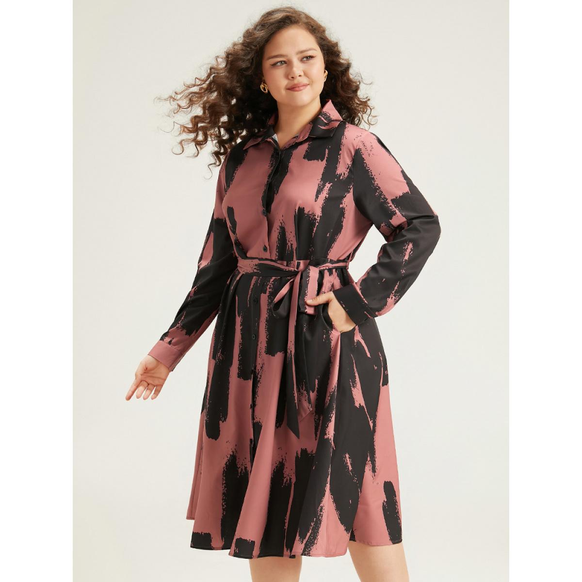 Plus Size Brush Print Shirt Collar Pocket Belted Dress Multicolor Women Office Belted Shirt collar Long Sleeve Curvy Midi Dress BloomChic 12/L Product Image