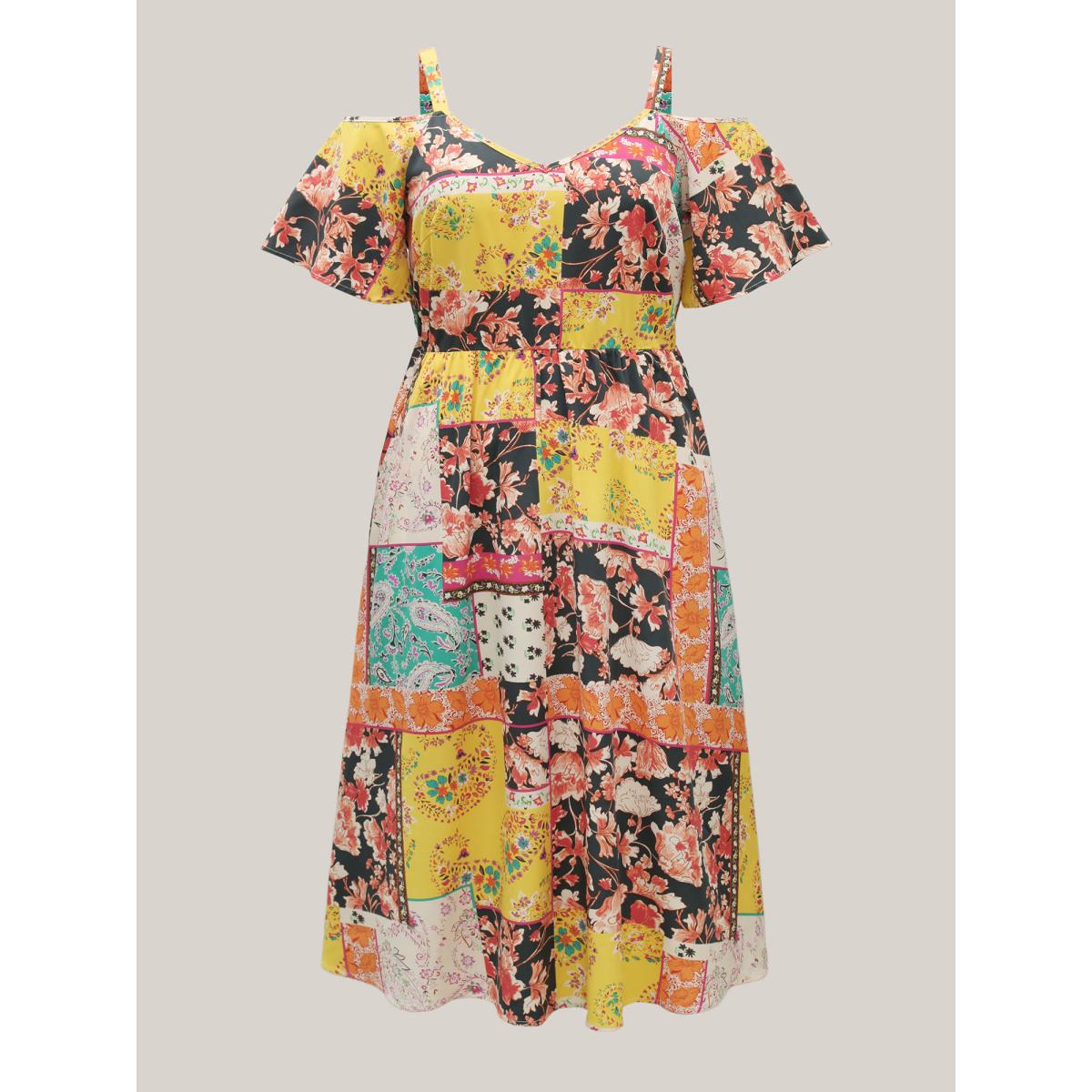Plus Size Boho Floral Print Cold-Shoulder Midi Dress Multicolor Women Non Sleeveless Curvy BloomChic 26/4X Product Image