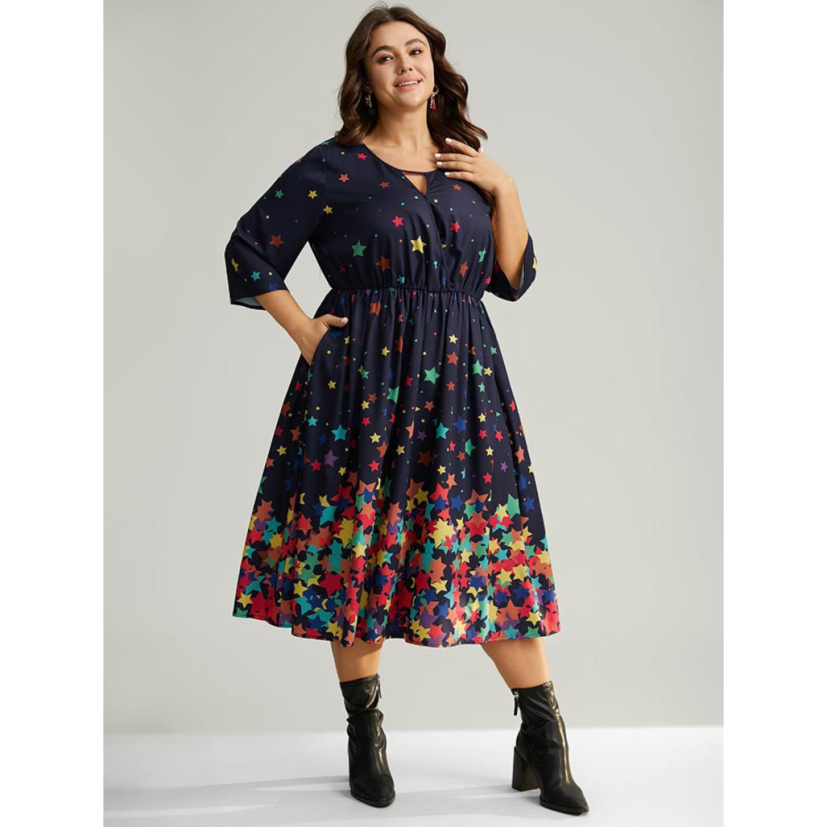 Plus Size Star Print Keyhole Pocket Elastic Waist Dress Indigo Women Elegant Printed Keyhole Cut-Out Elbow-length sleeve Curvy Midi Dress BloomChic 10/M Product Image