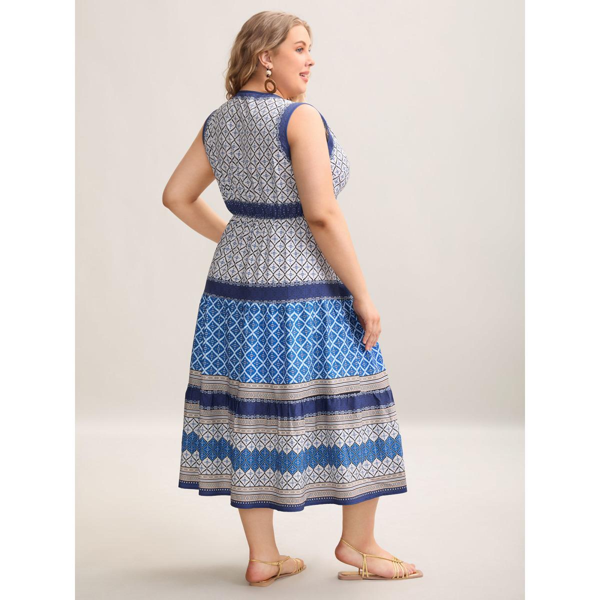 Plus Size Boho Pattern Spliced Sleeveless Midi Dress Indigo Women Resort Non V-neck Sleeveless Curvy BloomChic 10/M Product Image