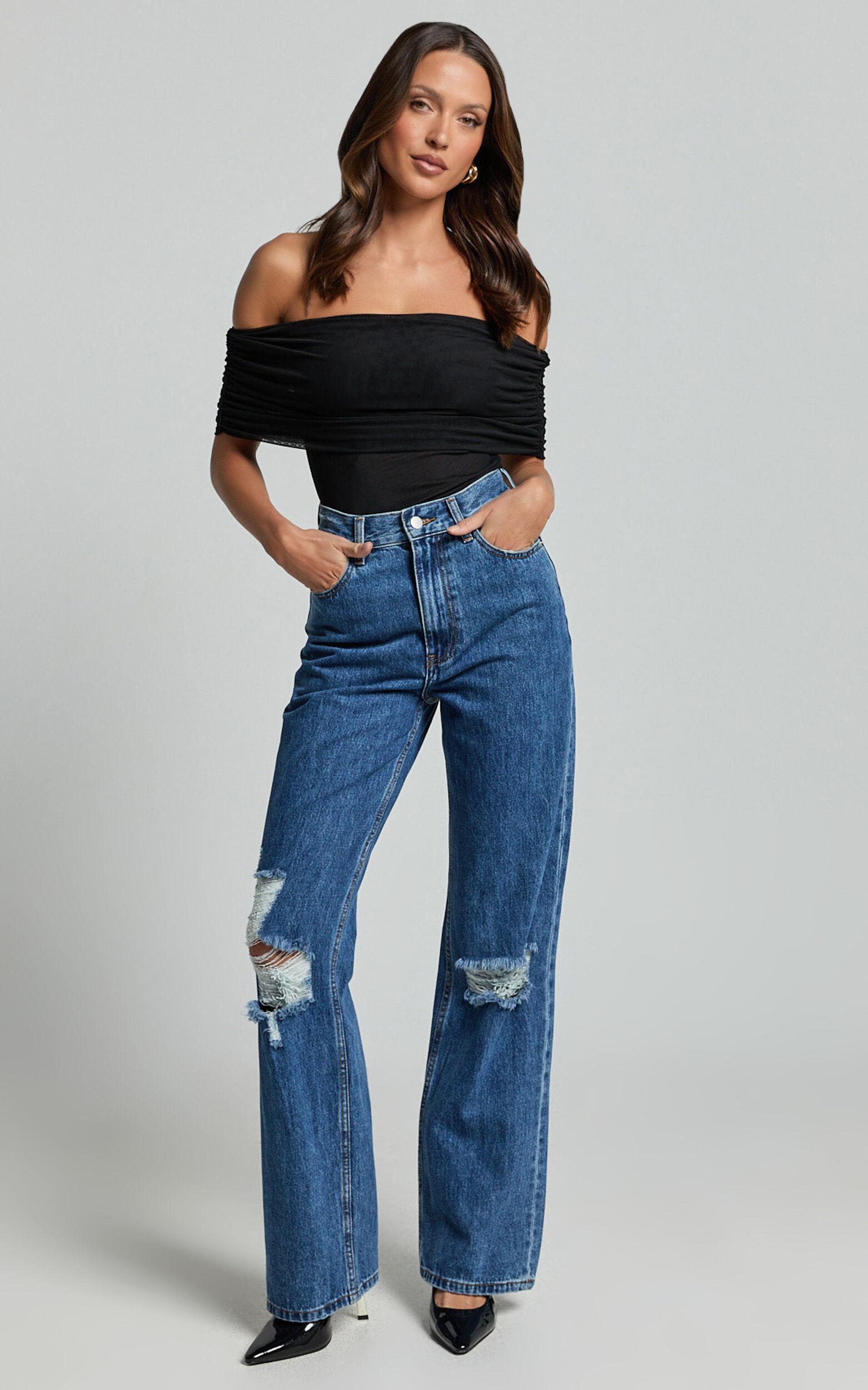 Miho Jeans - High Waisted Recycled Cotton Distressed Straight Leg Denim Jeans in Dark Blue Wash Product Image