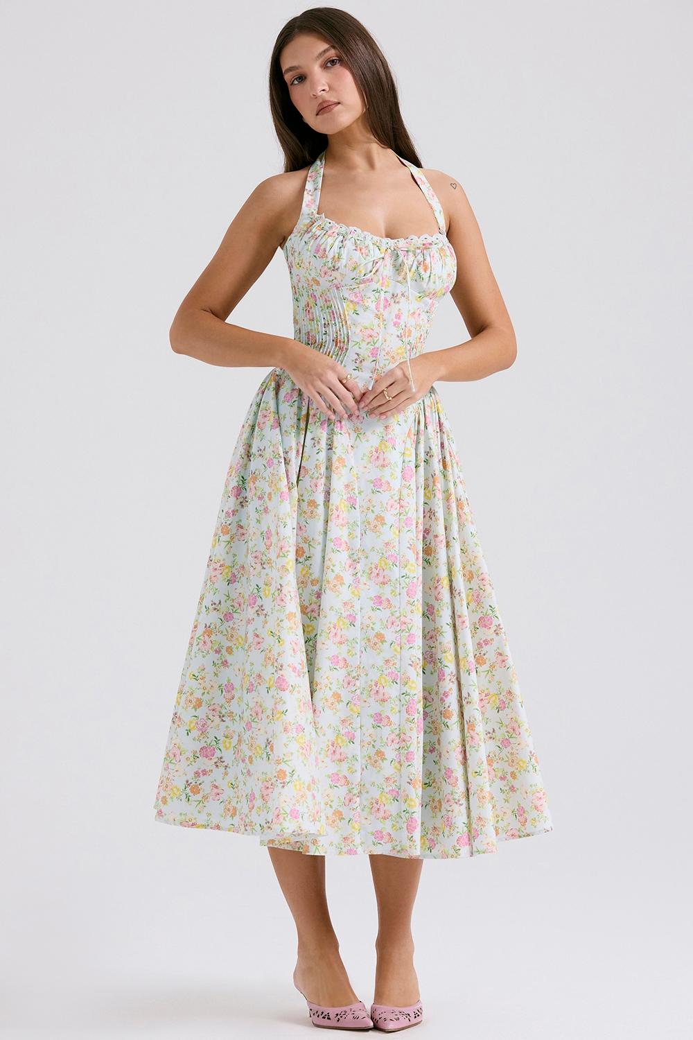 Adabella  pale blue meadow print cotton halter sundress Product Image