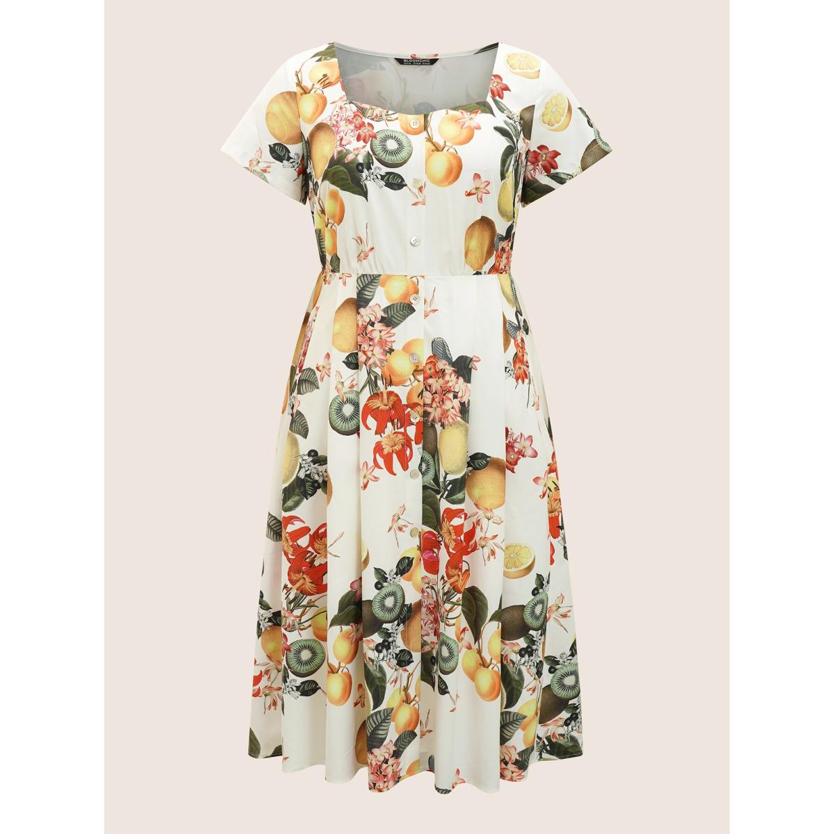Plus Size Citrus Square Neck Fruit Print Button Detail Dress Multicolor Women Elegant Button Square Neck Short sleeve Curvy Midi Dress BloomChic 26/4X Product Image