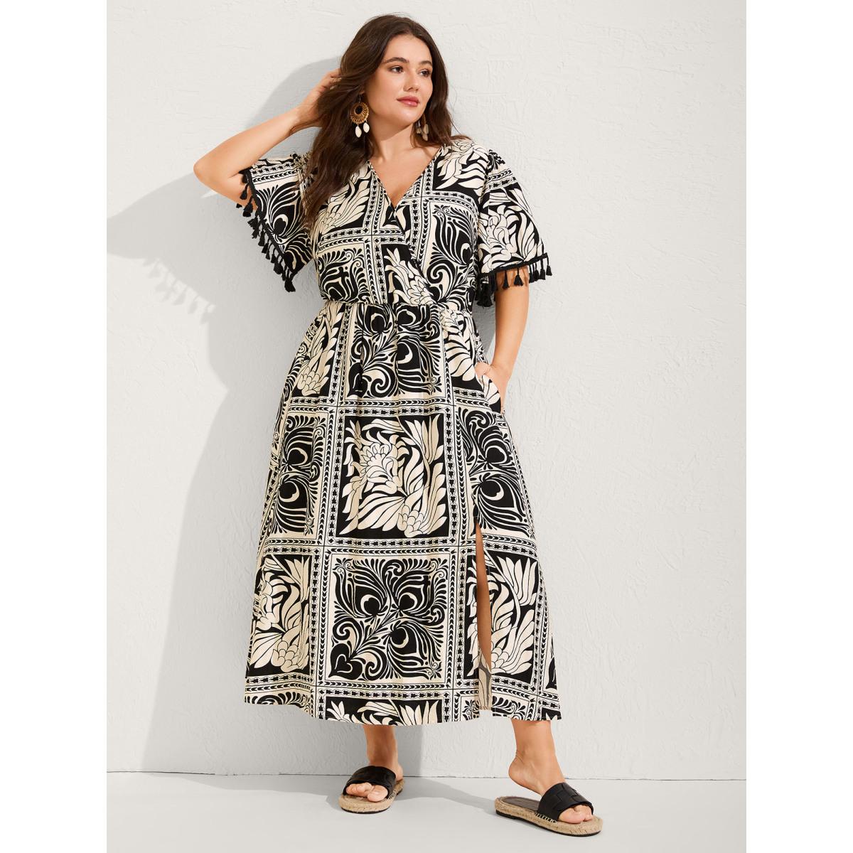 Plus Size Monochrome Collage Print Tassels Midi Dress Black Women V-neck Short sleeve Curvy BloomChic 22-24/3X Product Image