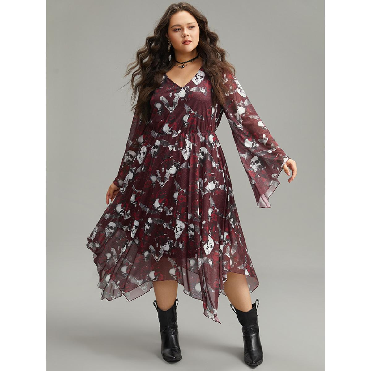 Plus Size Halloween Skull & Floral Print Bell Sleeve Dress Burgundy Women Elegant See through V-neck Long Sleeve Curvy Midi Dress BloomChic 10/M Product Image