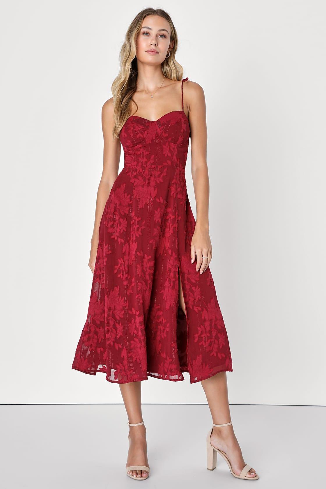 Loveliest Looks Burgundy Floral Jacquard Tie-Strap Midi Dress Product Image