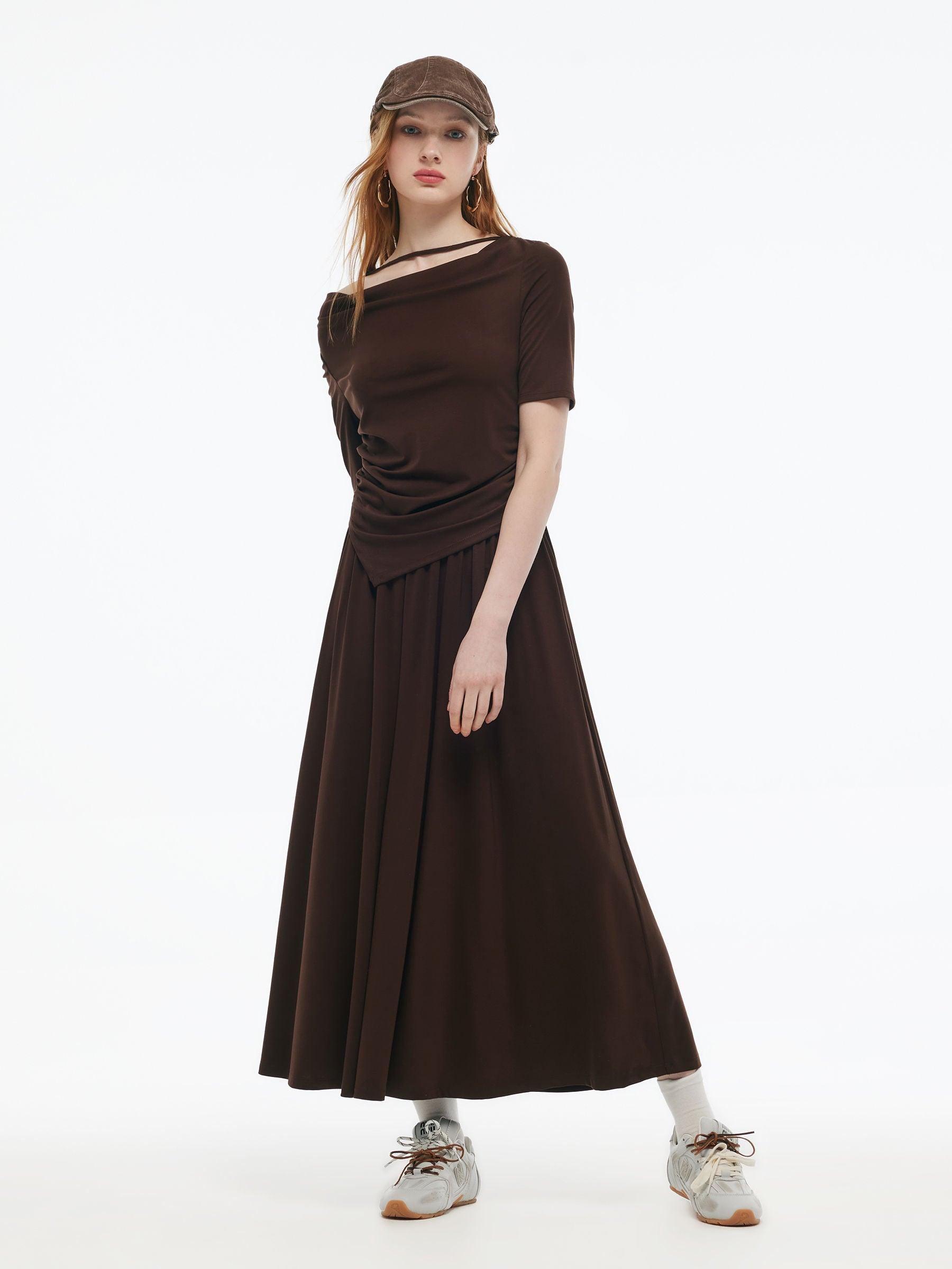 Tencel Blend Stretchy Knit Top And A-Line Skirt Two-Piece Set Product Image
