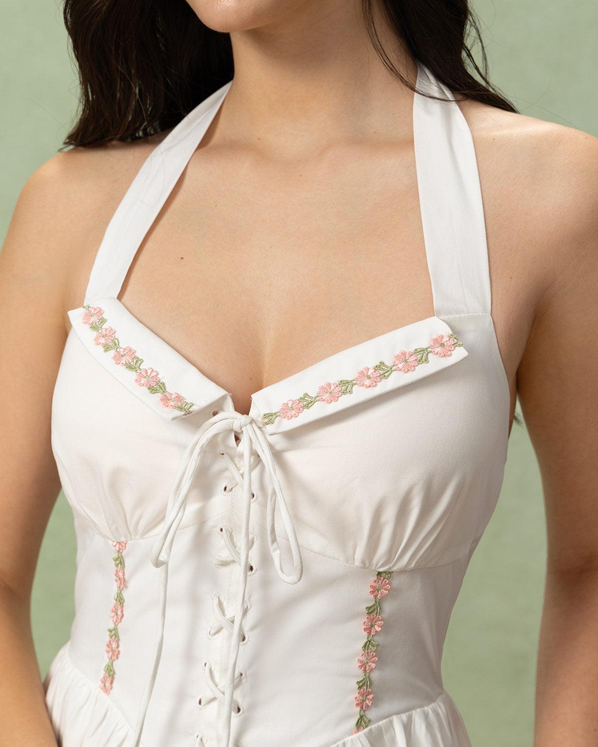 White Embroidery A-Line Halter Midi Dress Product Image