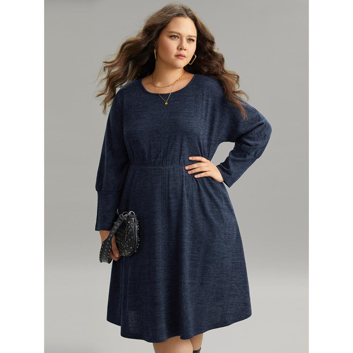 Plus Size Plain Textured Pocket Elastic Waist Dress Indigo Women Casual Texture Round Neck Long Sleeve Curvy Midi Dress BloomChic 12/L Product Image
