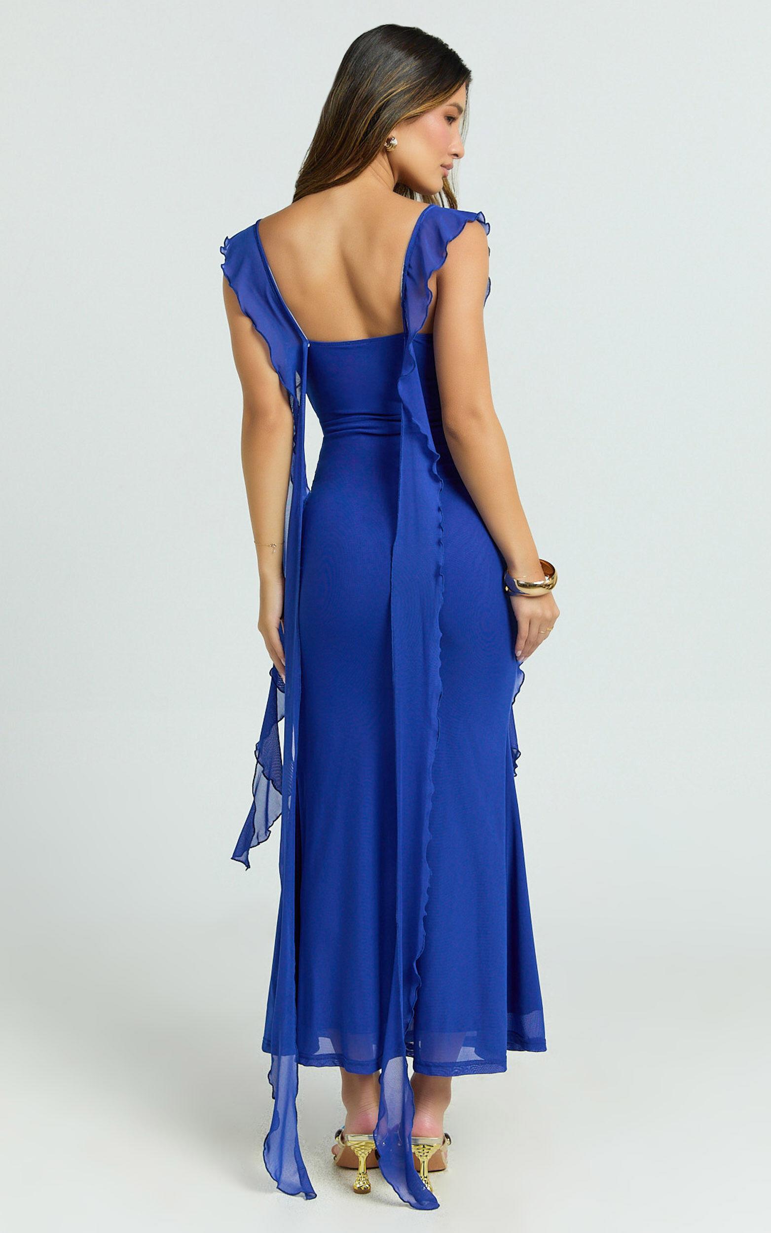 Rosha Midi Dress - Ruffle Strap Dress in Electric Blue Product Image