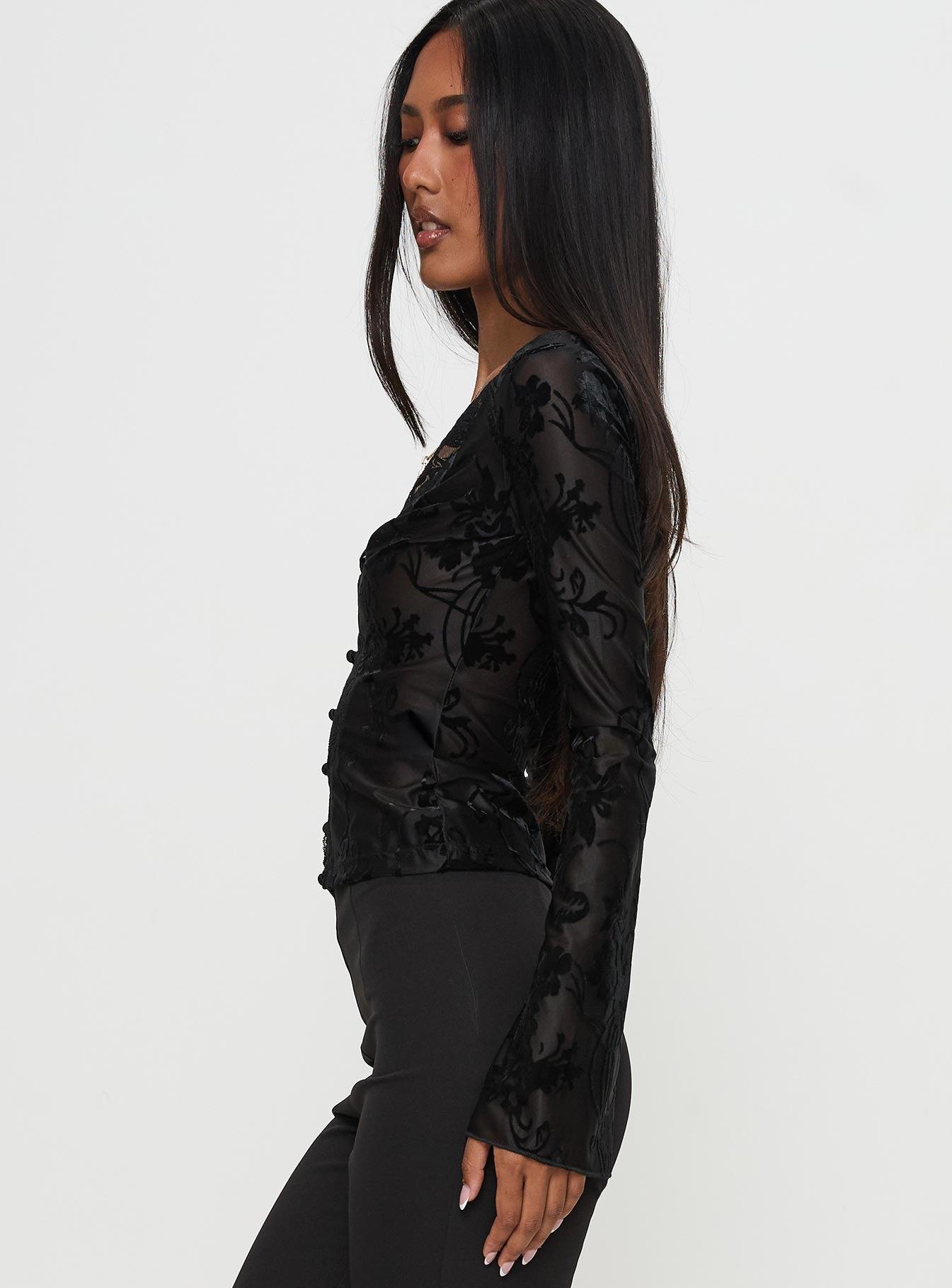 Find An Angel Long Sleeve Lace Trim Top Black Product Image