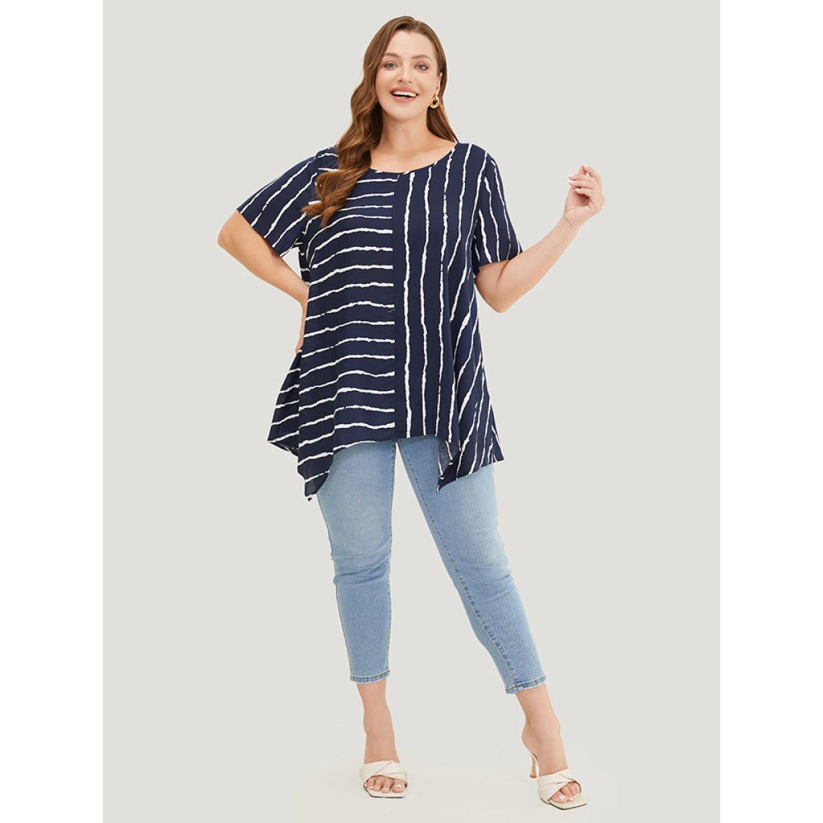 Plus Size Indigo Striped Patchwork Hanky Hem Blouse Women Office Short sleeve Round Neck Dailywear Blouses BloomChic 12/L Product Image