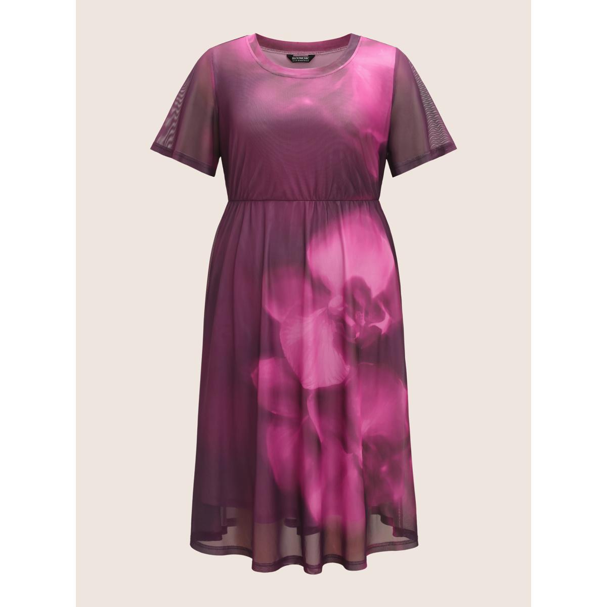 Plus Size Butterfly Orchid Mesh Ruffle Sleeve Midi Dress Mauve Women Elegant See through Round Neck Short sleeve Curvy BloomChic 14-16/1X Product Image