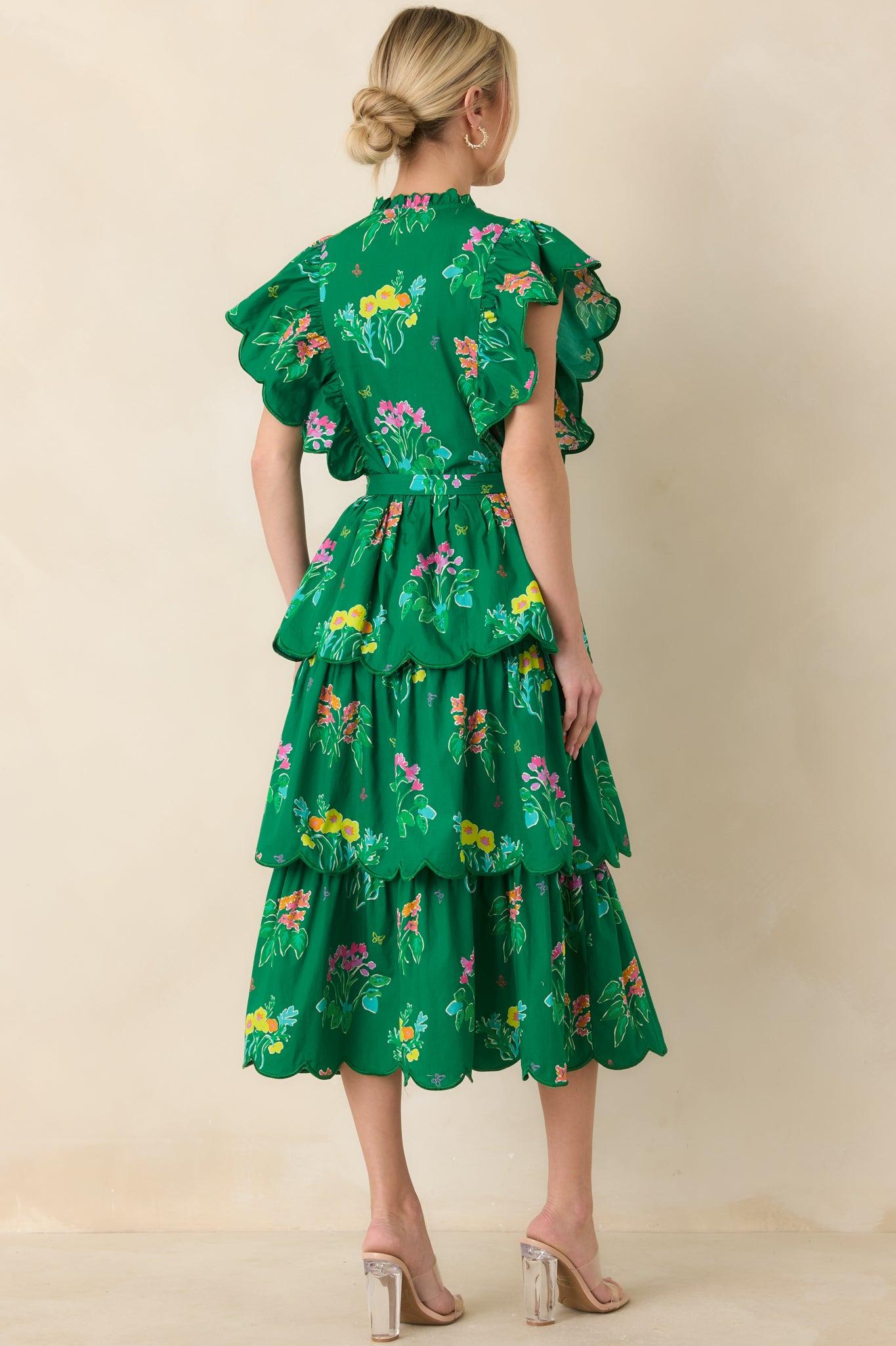 Prosperina Maris Green Multi Floral Cotton Tiered Ruffle Midi Dress Product Image