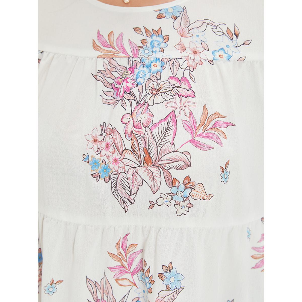 Plus Size White Floral Print Patchwork Ruffle Layered Hem Lantern Sleeve Blouse Women Elegant Half Sleeve Round Neck Dailywear Blouses BloomChic 30/6X Product Image