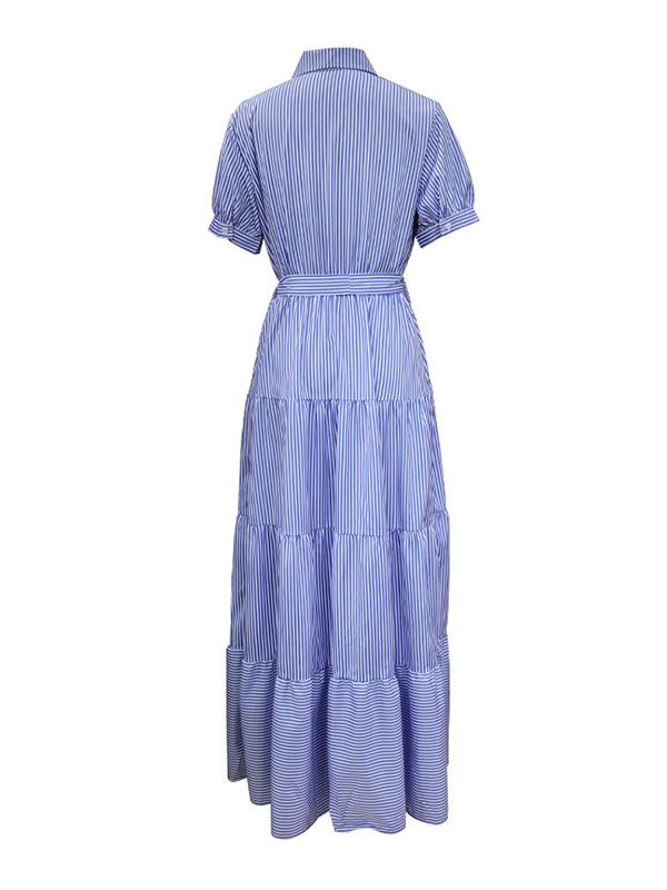 Loose Short Sleeves Striped Lapel Maxi Dresses Product Image