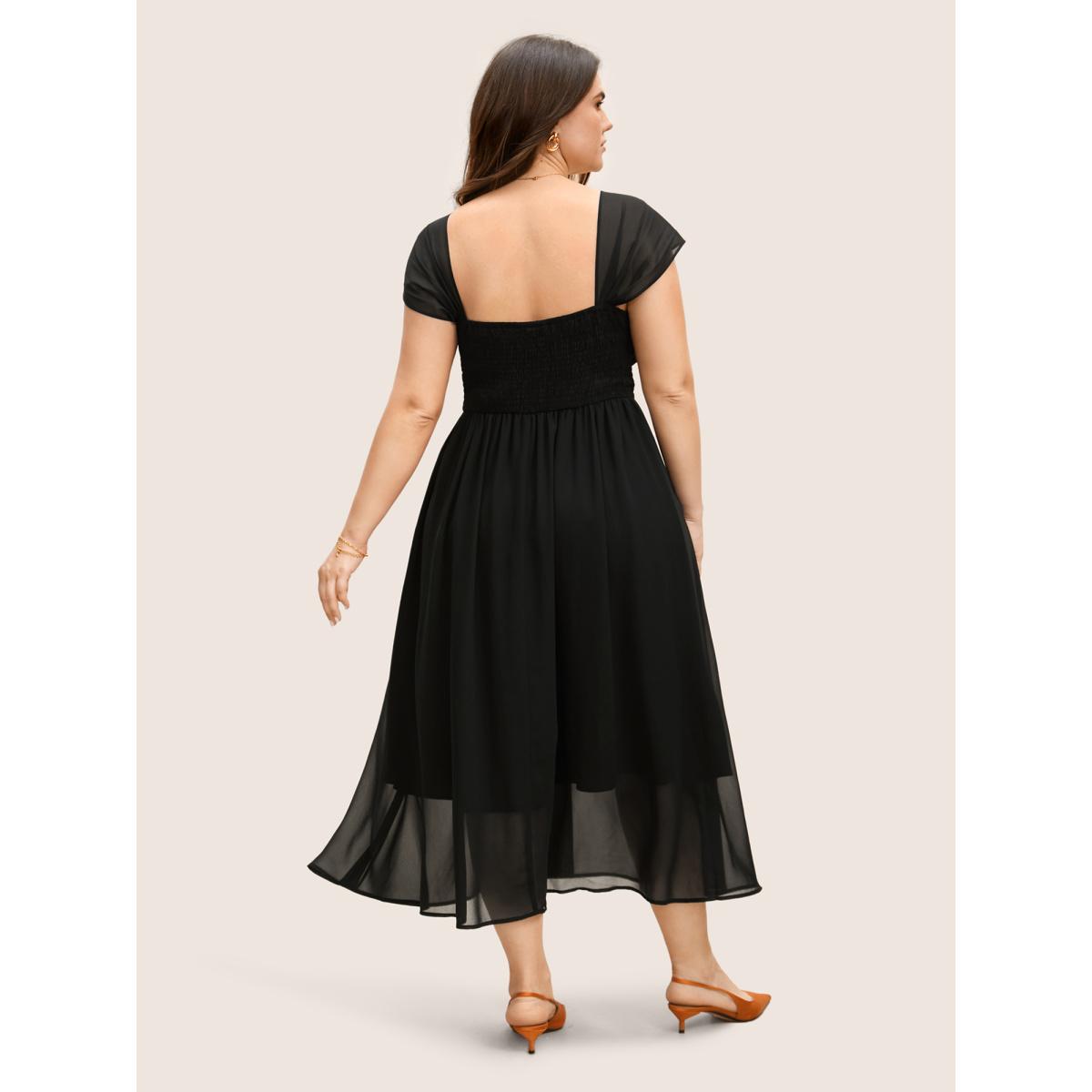 Plus Size Heart Neckline Mesh Cap Sleeve Gathered Dress Black Women Elegant Gathered Heart neckline Cap Sleeve Curvy BloomChic 10/M Product Image