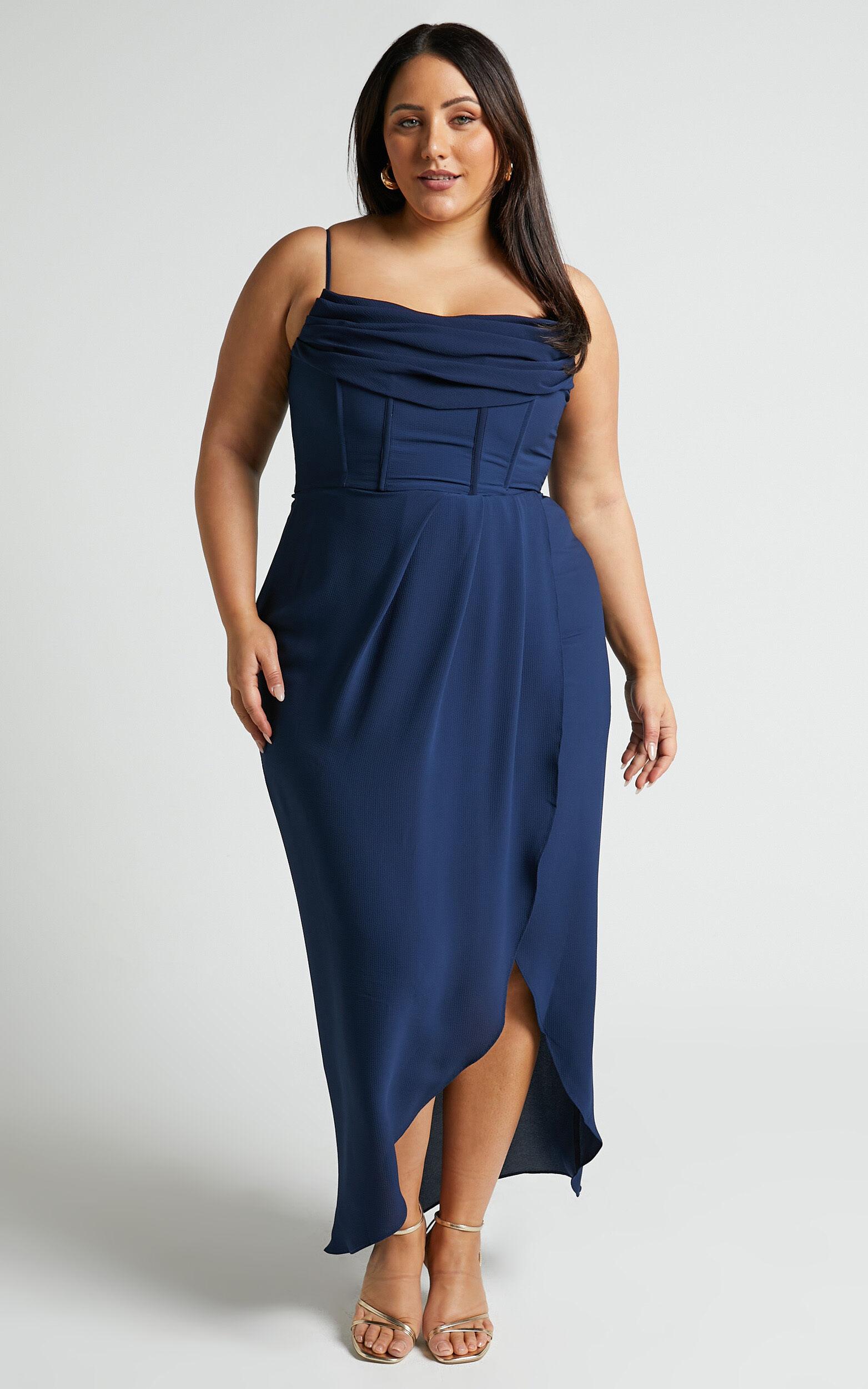 Andrina Midi Dress - High Low Wrap Corset Dress in Navy Product Image