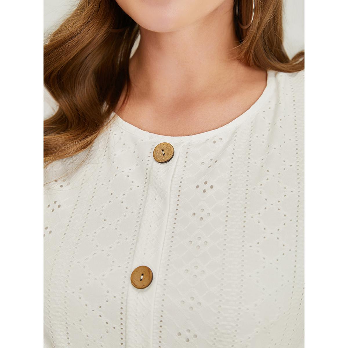 Plus Size Solid Button Detail Pocket Broderie Anglaise Dress White Women Vacation Button Round Neck Short sleeve Curvy Midi Dress BloomChic 22-24/3X Product Image