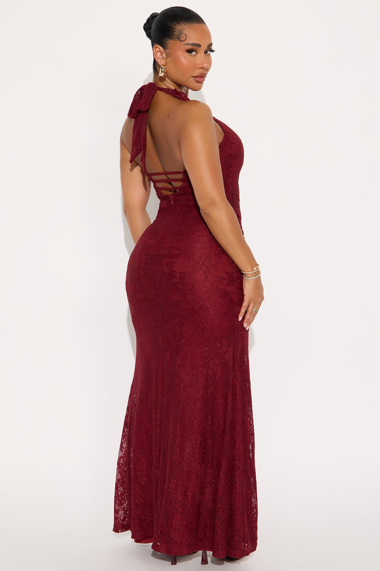 Lace Love Halter Maxi Dress - Burgundy Female Product Image