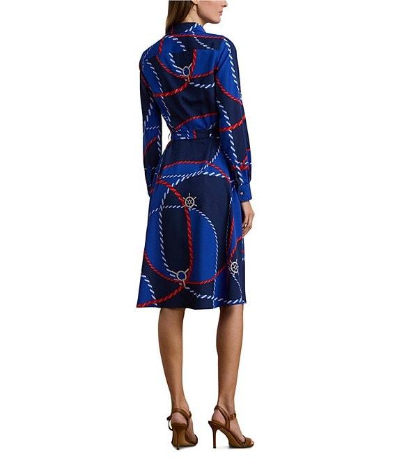 Lauren Ralph Lauren Crepe De Chine Rope Print Point Collar Long Sleeve Button Front Fit-And-Flare Shirtdress Product Image