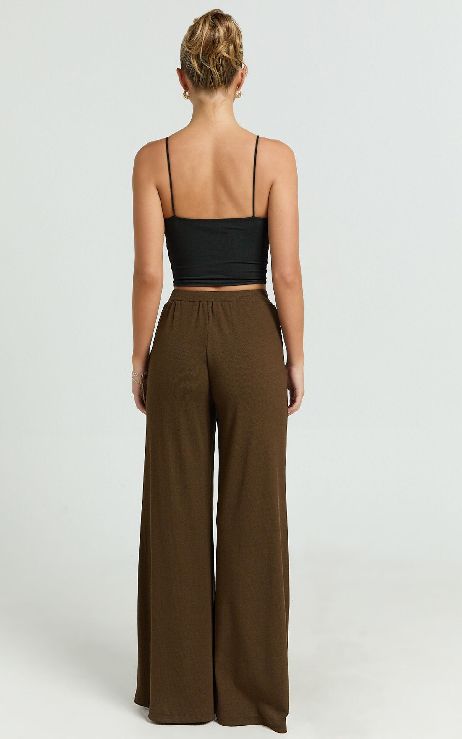 Amalthea Pants - High Waisted Jersey Rib Wide Leg Pants in Chocolate Product Image