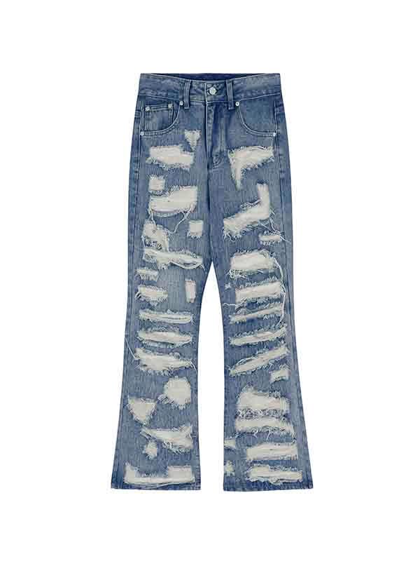 Men's Washed Ripped Flare Loose Jeans Product Image
