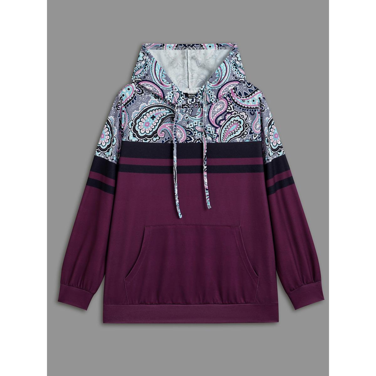 Plus Size Bandana Print Stretchy Contrast Hoodie Women Multicolor Casual Contrast Hooded Everyday Sweatshirts BloomChic 22-24/3X Product Image