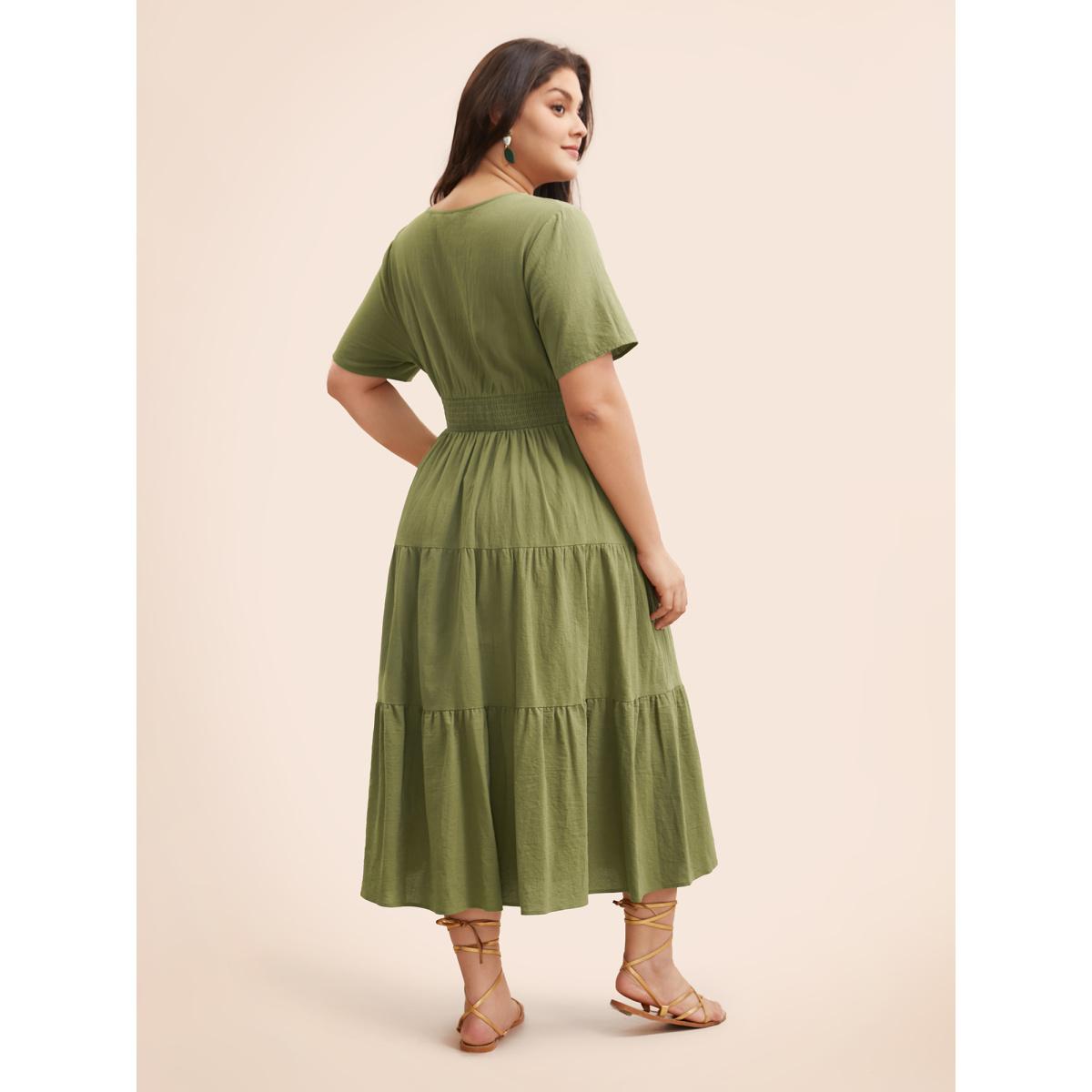 Plus Size Notched Shirred Ruffle Layered Hem Dress Olive Women Elegant Shirred Flat collar with V-notch Short sleeve Curvy BloomChic 28/5X Product Image