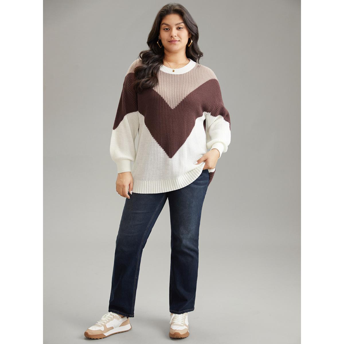 Plus Size Colorblock Lantern Sleeve Drop Shoulder Loose Pullover Multicolor Women Casual Loose Long Sleeve Round Neck Dailywear Pullovers BloomChic 26/4X Product Image