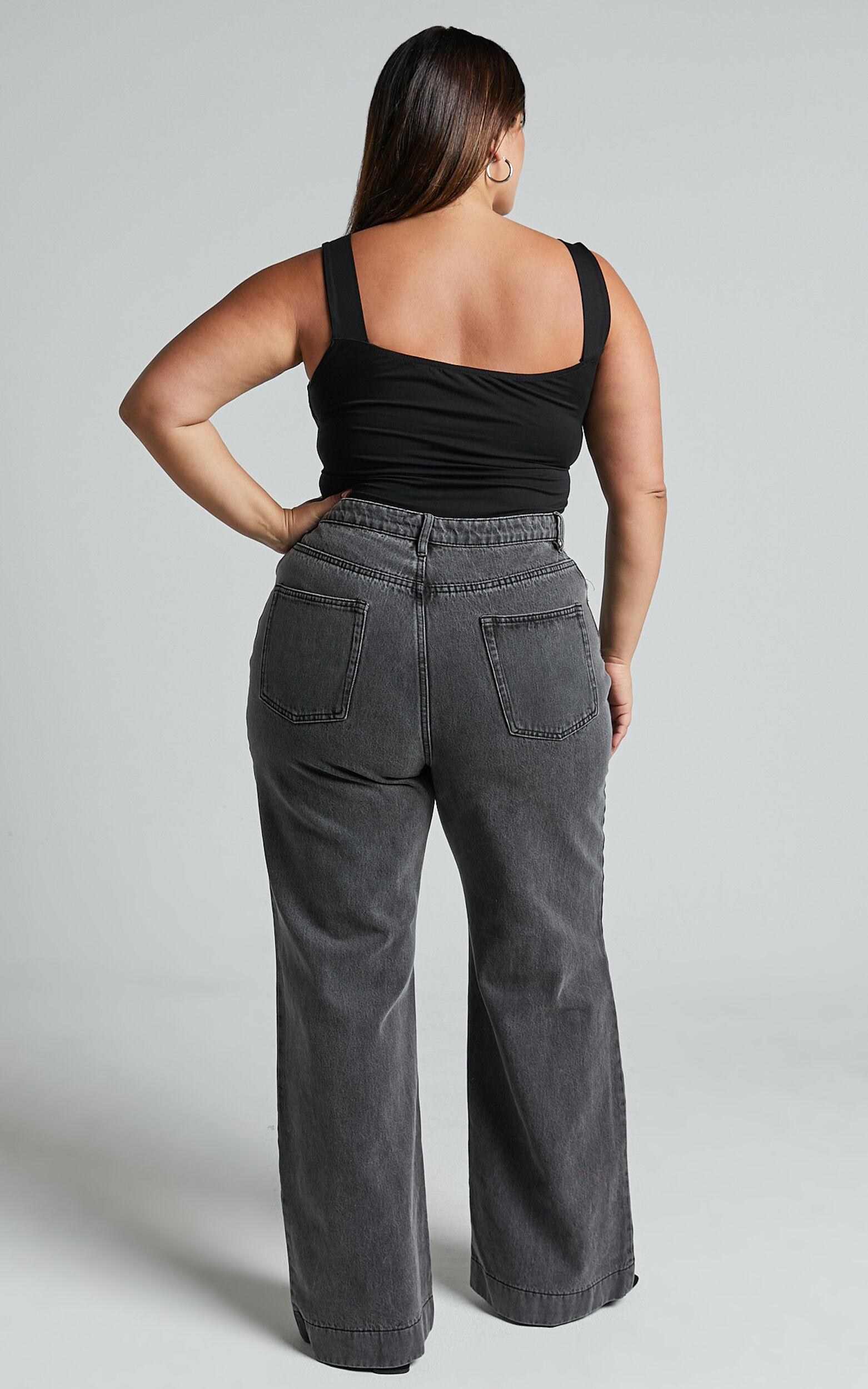 Emman Jeans - High Waisted Cotton Wide Leg Denim Jeans in Washed Black Product Image