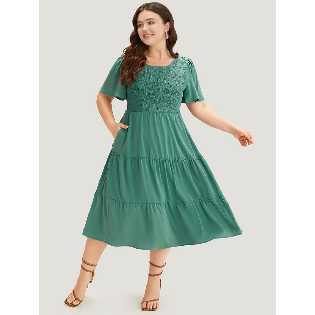 Plus Size Solid Shirred Pocket Layered Hem Dress Emerald Women Elegant Plain Round Neck Short sleeve Curvy Midi Dress BloomChic 10/M Product Image